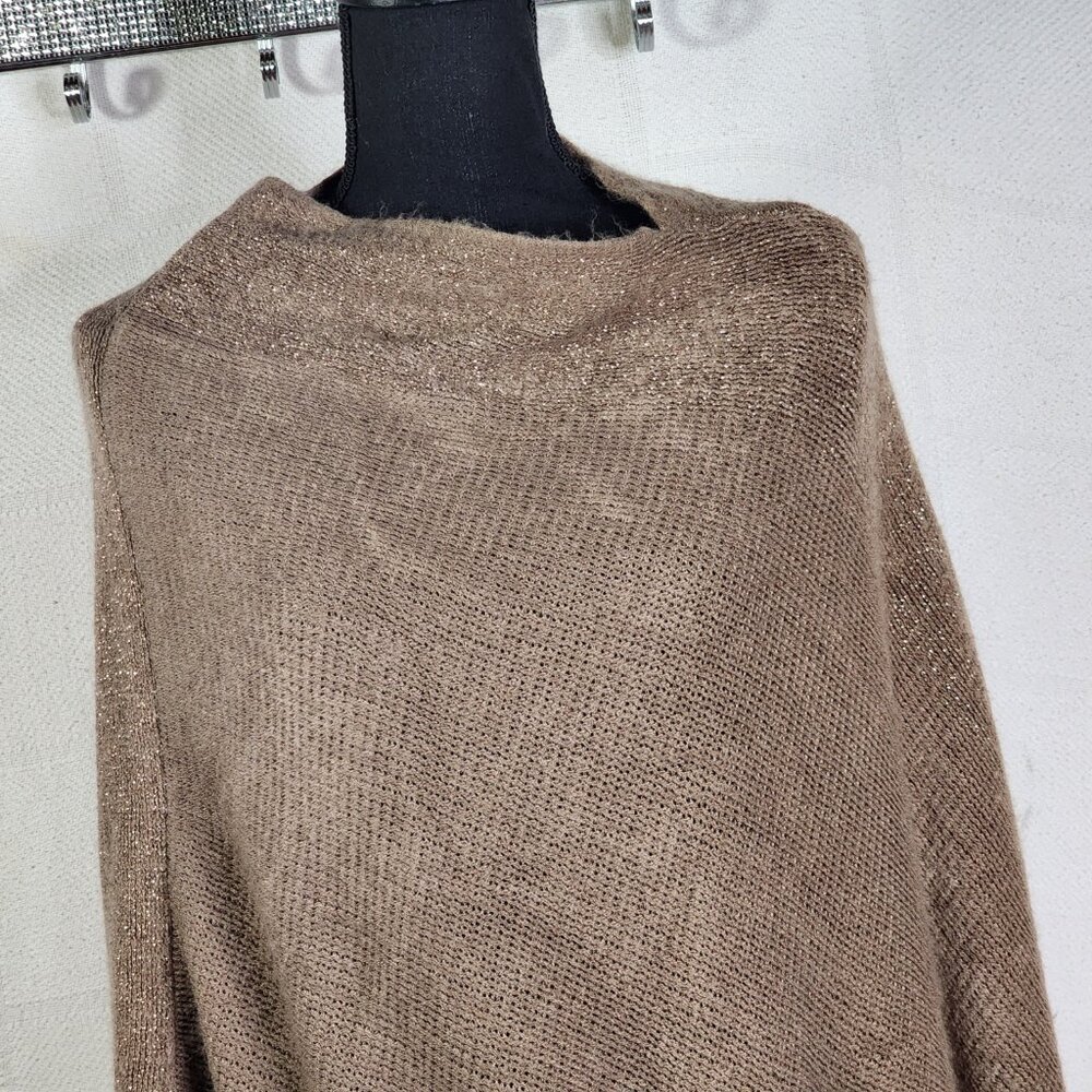 Unbranded Womens Dark Tan with Gold Metallic Trim Acrylic Sweater Poncho OSFM - Picture 5 of 16